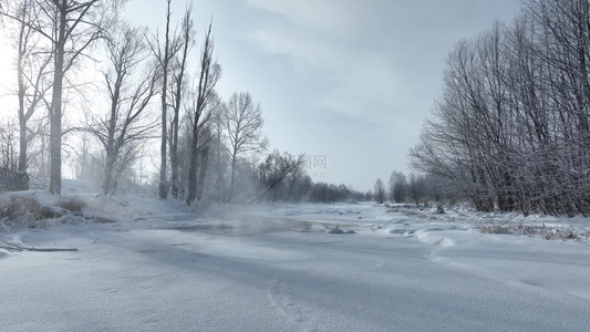 大兴安岭自然风光冬天寒雾山林雪景视频