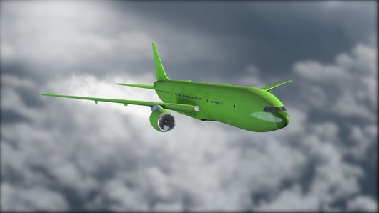 一架绿色喷气式客机在云层之上飞行模糊的背景飞机逼真视频
