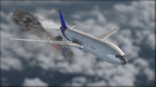 这架飞机是白色和蓝色的在云层中飞行发动机着火了发动机视频