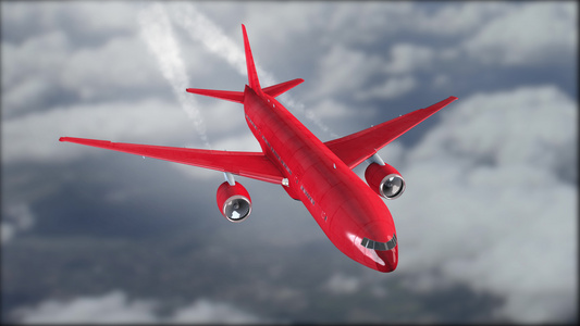 一架红色的飞机在云层中飞行模糊的背景灰色的云天空特写视频