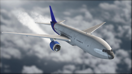 一架灰蓝色的喷气式客机在云层上空飞行模糊的背景飞机视频