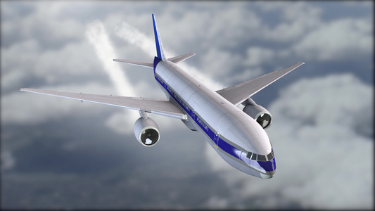 一架带有蓝色条纹的白色飞机在云层中飞行模糊的背景灰色视频