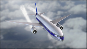 一架带有蓝色条纹的白色飞机在云层中飞行模糊的背景灰色15秒视频