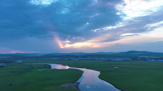 河流湿地晚霞美景视频