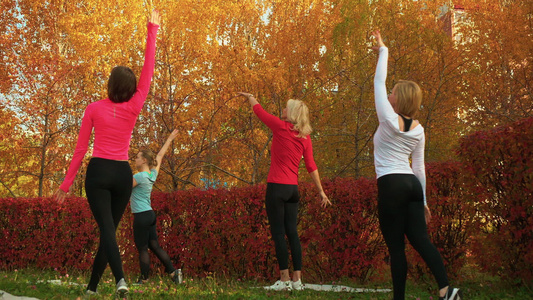 在秋季公园跳舞的女运动者群体视频