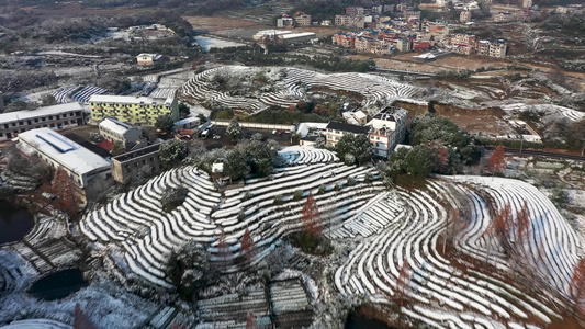 浙江义乌茶园雪景航拍视频