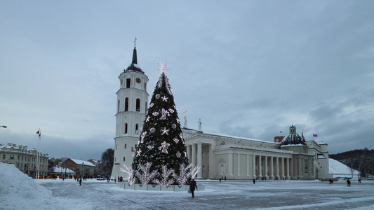 圣誕樹在教堂广场上位于利图尼亚州vilnius4k视频