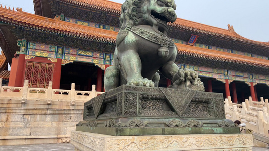 狮子雕像铜像铸铁紫禁城故宫神兽视频
