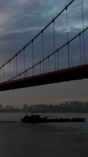 航拍清晨黎明时分的武汉鹦鹉洲长江大桥和交通38秒视频