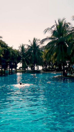 亚龙湾海湾游泳池畅游的人和海岛风光26秒视频