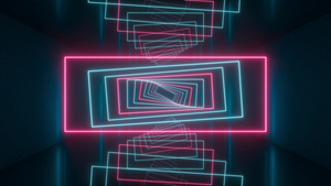 暗隧道中闪烁的矩形线环状旋转3D投影10秒视频