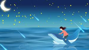 卡通夜色海洋风景图20秒视频