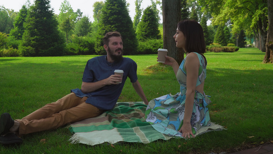 和坐在公园里的女孩坐在草坪上的毯子上喝咖啡的那个人视频