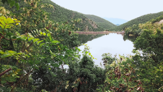 洪水淹水的湖大坝能发电在平静的水中大量反映天空视频