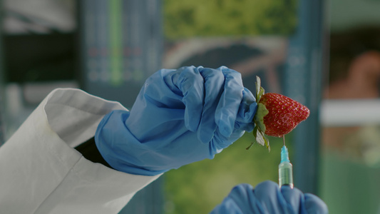 垂直视频特制化学学家科学家用化学农药注射天然草莓草莓【竖版】视频