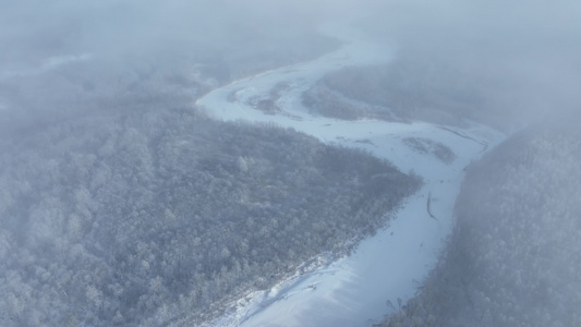 大兴安岭自然风光冬天寒雾山林雪景视频