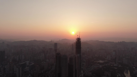 城市日出朝霞吊塔高楼航拍视频视频