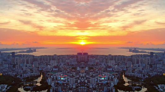 海南省海口市台风来临前的城市晚霞风光夜景延时航拍视频