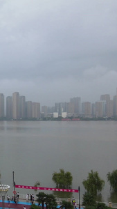航拍风光城市长江汛期洪峰过后在堤坝上看江水上涨的游客人群素材写字楼视频