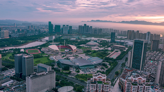 浙江义乌市体育场城市大景风光航拍延时摄影视频