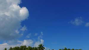 热带岛屿海滩从蓝色海洋到棕榈附近有白沙背景的蓝海的12秒视频
