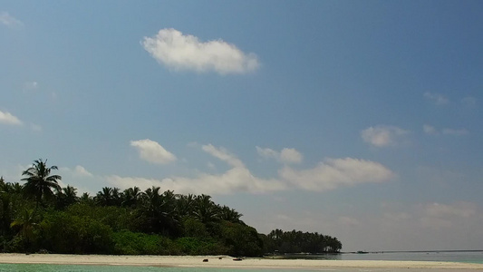 在棕榈附近有清洁沙土背景的蓝色海面上长宽角天空以浅视频