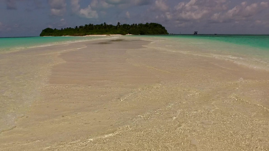 宁静的海岸海滩在阳光明媚的景象中沿蓝海旅行棕榈附近视频