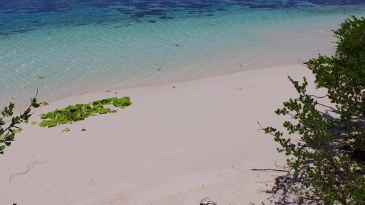热带海岸海滩被蓝色海洋打破棕榈附近浅沙地背景明亮的视频
