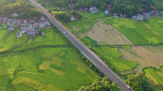 航拍乡村稻田自然风光高速公路视频