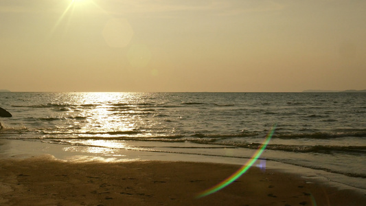 年轻快乐冲浪男子在日落时分在热带海滩上用长冲浪板奔跑视频