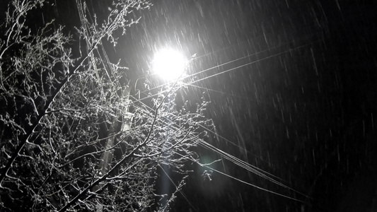 夜间寒冬降雪在街光下城市风景视频