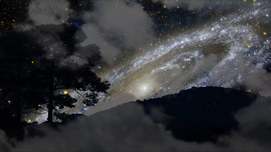银河系的卡车视图向后移动背影山和树夜空中有乌云视频