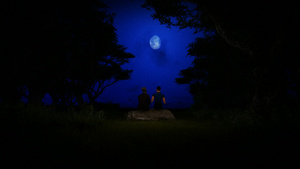 在满月和星空下坐在森林岩石上的一对夫妇21秒视频