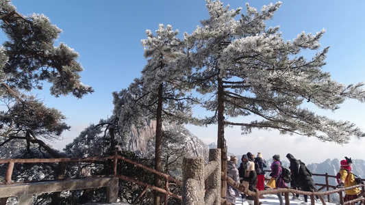 冬季安徽雾凇雪景大量游客登山赏雪视频