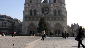 在巴黎圣母院前走来走去的人们16秒视频