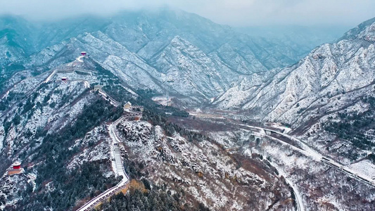 航拍北京居庸关长城雪景视频