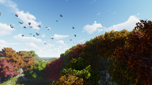 色彩的森林倾斜湖和山在背景上方飞翔的蝴蝶视频