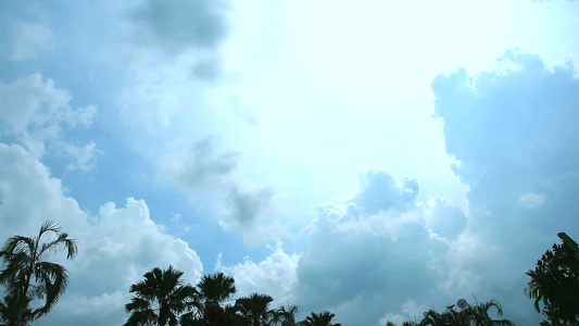 蓝色天空的白云随风移动超过顶端棕榈色时间间隔视频
