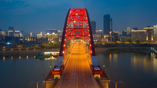 航拍延时摄影武汉红色晴川桥夜景视频