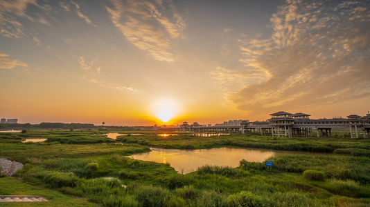 4K湿地夕阳日落延时视频