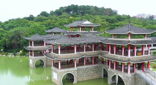 风雨桥 古建筑 狮山公园 中式建筑视频