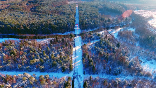 冬季森林中的电塔[变电器]视频