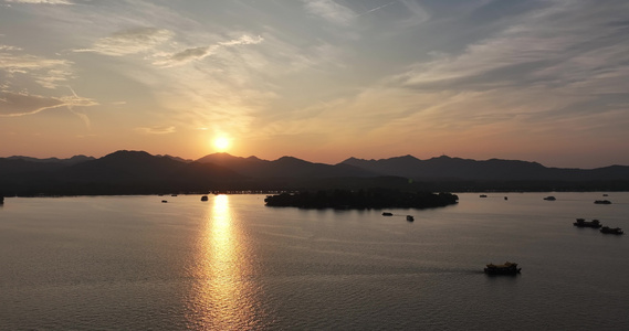 航拍杭州西湖日落美景视频