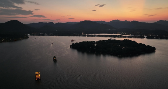 航拍杭州西湖日落美景视频