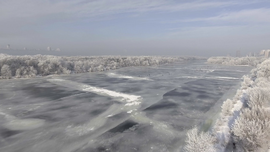 冬天森林中冷冻的河水树木上的雪空中的风景视频