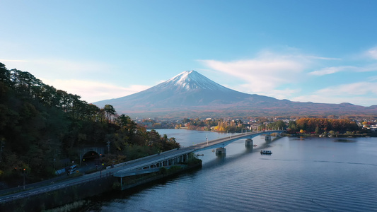 清晨在日本川口湖的fuji山和桥视频