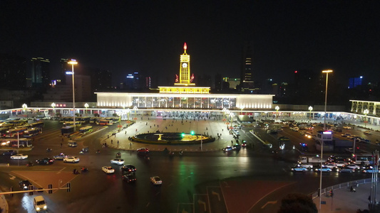 航拍湖南长沙火车站夜景灯光视频