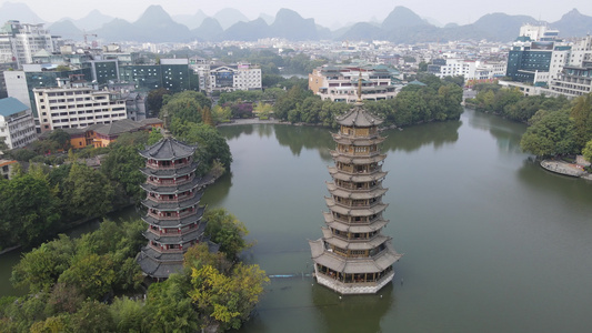 广西桂林地标日月双塔航拍视频视频