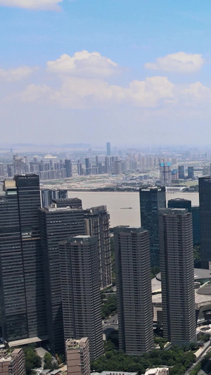 大气航拍杭州钱江新城CBD城市天际线晴朗天气45秒视频