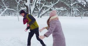 快乐的年轻夫妇在冬季公园玩得开心60秒视频